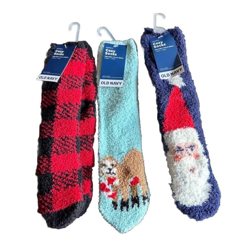 Set of 3 Old‎ Navy Women's Cozy Fuzzy Socks One Size Santa Stocking Stuffer gift